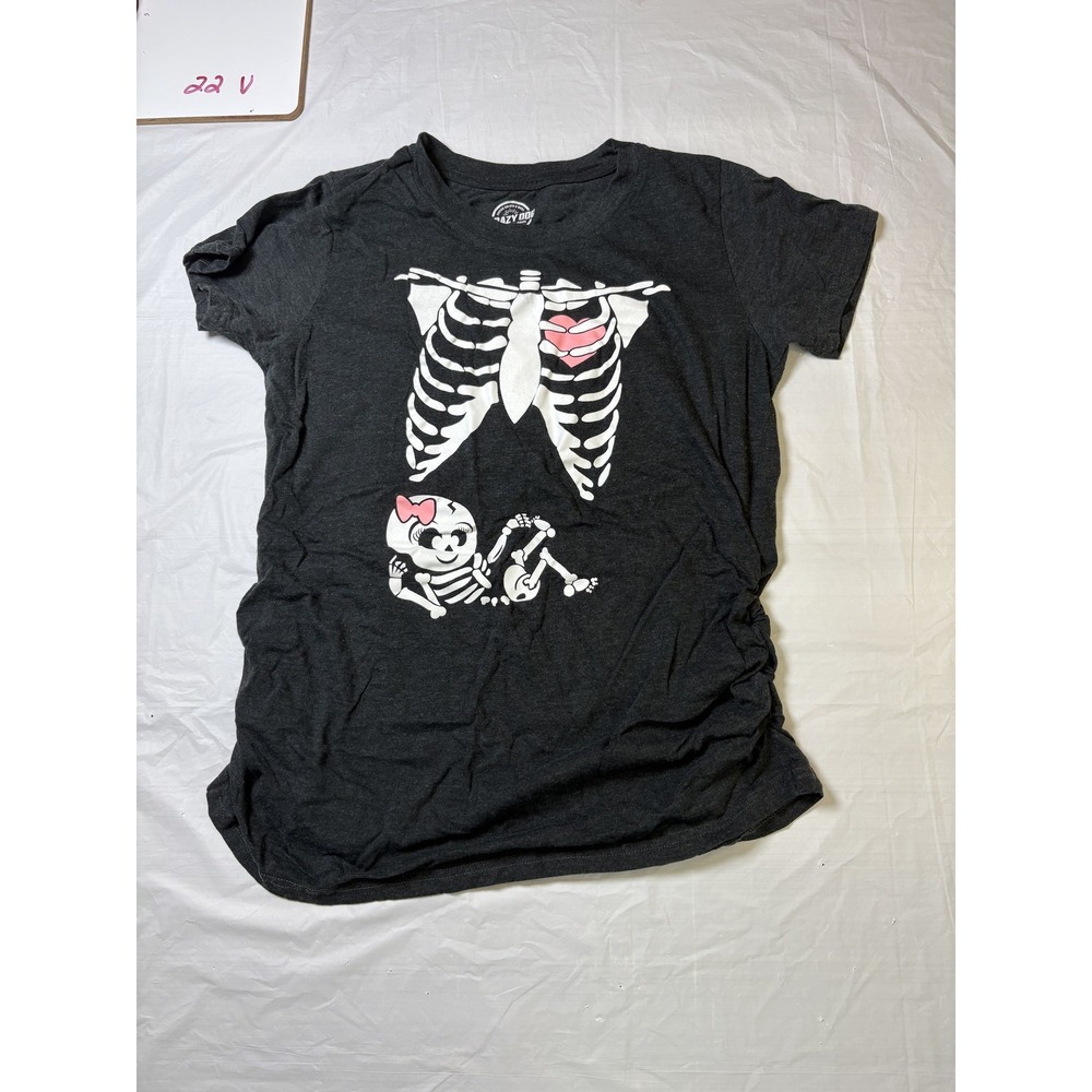 Womens‎ Crazy Dog gray/white Halloween graphic tshirt size Medium skeleton